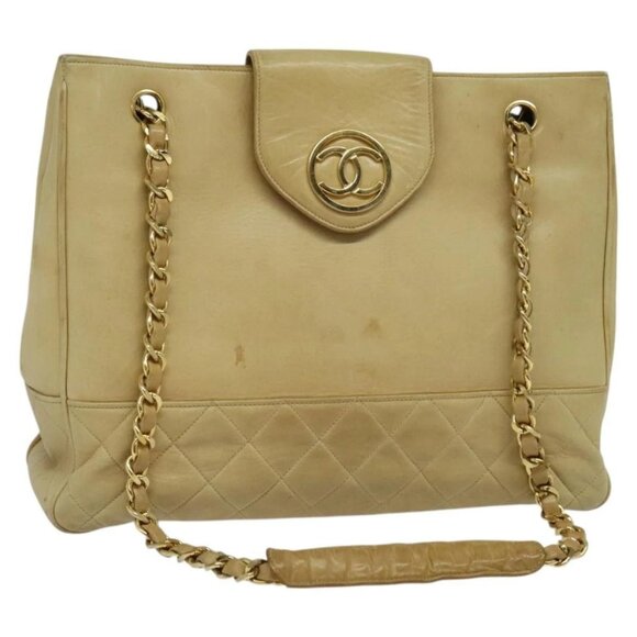 CHANEL Matelasse Chain Shoulder Bag Lamb Skin Beige Gold - Picture 1 of 16